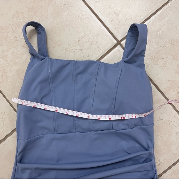 SoftlyZero Airy Square Neck Corset Ruched Split Bodycon Midi Dress - Picture 8 of 13